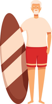Senior man with surf bord icon cartoon vector. Sport surfing. Vitality person