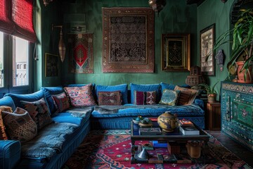 A living room with a blue couch and a rug
