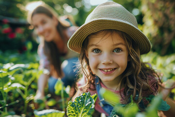 A girl kid with a hat gardening with her mother in a vegetable garden, smiling and looking at the camera.