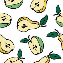 Seamless pattern with sliced pears and apples. Vector hand drawn illustration.