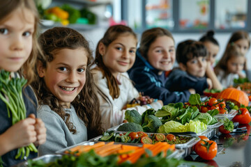 Kids in a classroom with vegetables in the table learning about healthy food. 