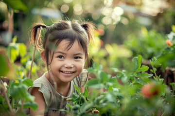 An Asian girl kid smiling in the middle of a vegetable garden. 