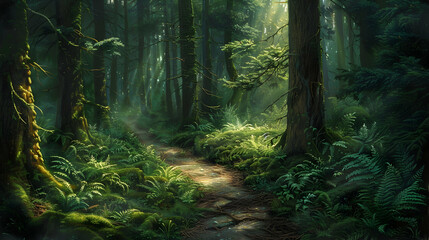 Obraz premium A mossy forest path winding through an old-growth forest, the ground soft with pine needles, ferns lining the path, and rays of sunlight piercing through the dense canopy