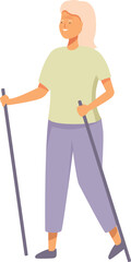 Senior woman nordic walk icon cartoon vector. Trekking activity. Recreation age