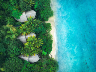 Aerial view of palms, bungalows, sandy beach, sea with waves