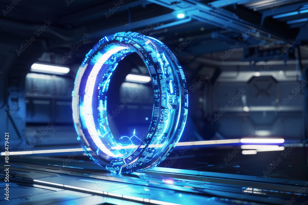 Sticker a futuristic time portal featuring a circular frame equipped with advanced technology and emitting a