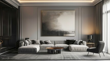 Opulent living room with dark furniture and an oversized abstract painting.