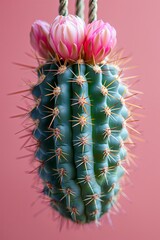 Stunning Close-Up of a Blooming Cactus With Pink Flowers Against a Soft Pink Background