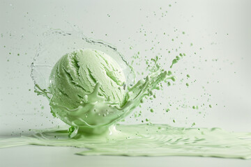 An isolated green ice cream ball floating in mid-air, with a splash that adds a sense of motion and excitement.