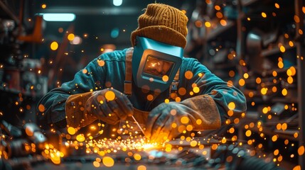 Skilled Worker Welding Metal in Industrial Workshop, Sparks Flying Vibrantly