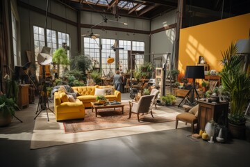 Set decorators adding finishing touches to a cozy living room set for a family sitcom