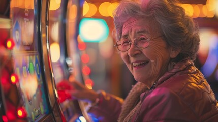 Obraz premium A joyful elderly woman is engaging in slot machine games at a brightly lit casino, displaying excitement and leisure
