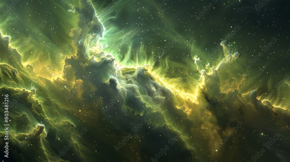 Poster This image captures the intense and radiant green hues of a nebula as it soars through the expanse of space, showcasing a dynamic and vivid celestial event