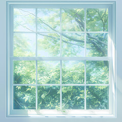 Sunlit Window Illuminated by Natural Light with Stylized Trees Blurring into Soft Focus