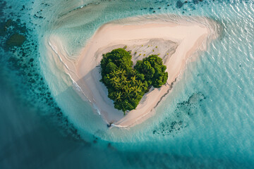 An overhead view of Heart Island, with its heart-shaped formation surrounded by pristine white sand.