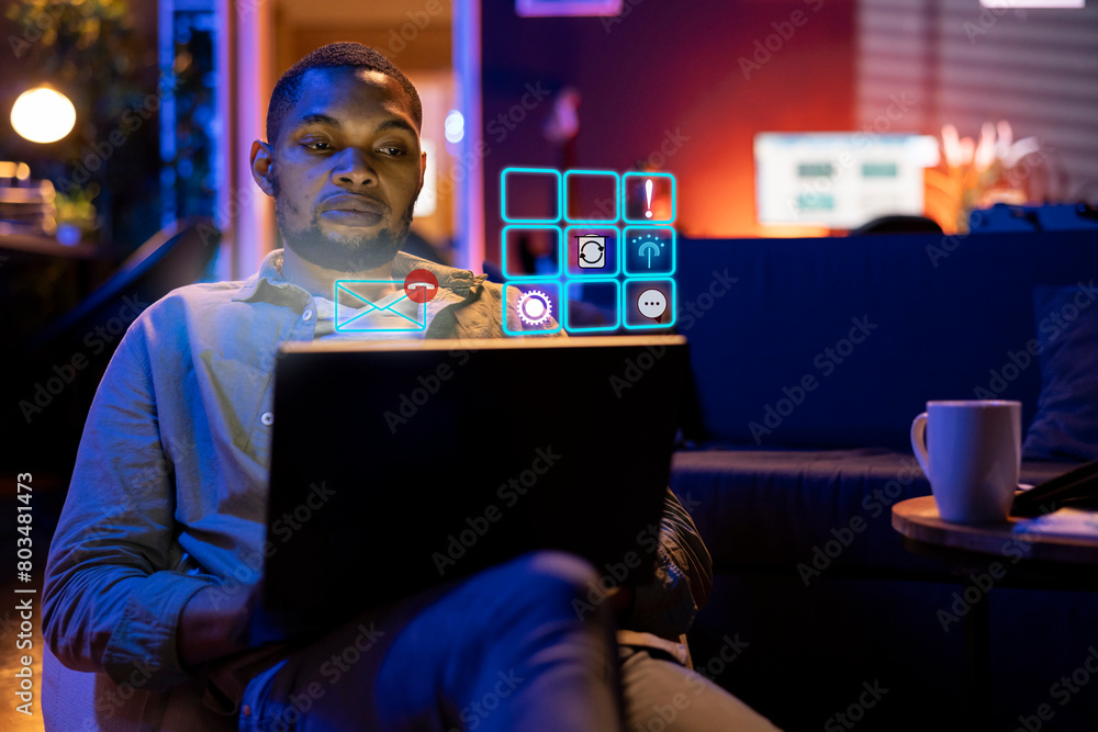 Fototapete bipoc teleworker typing on laptop keyboard, doing business tasks at home, accessing digital informat