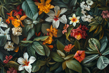An up-close capture of an oil-on-canvas masterpiece depicting a variety of plants and flowers,...