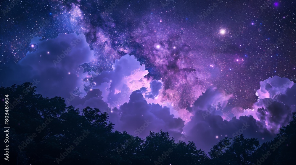 Poster this mesmerizing image showcases a galaxy view with clouds, highlighted by shades of purple and twin