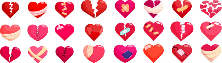 Cracked heart icons set cartoon vector. Broken bandage. Divorce emotion