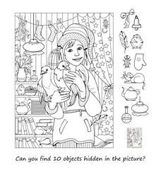 Can you find 10 objects hidden in the picture? Logic puzzle game for children and adults. Illustration of little gnome playing with birds. Educational page for kids. Black and white vector drawing.