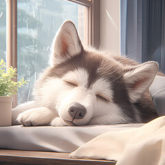 Peaceful Sleepy Husky Puppy, Lovely Indoors Setting, Comfortable Home Life, Relaxed Mood Animal Companionship