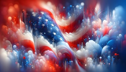 Soft Ethereal American Flag Abstract with Stars and Cloud-like Red and Blue Strokes