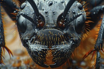 Hyperreal images of an ant face, extreme high detail close up macro photo, ideal for outdoor gear product displays.