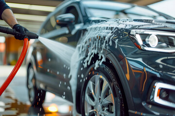Automotive Detailer Washing Away Smart Soap and Foam with a Water High Pressure Washer.
