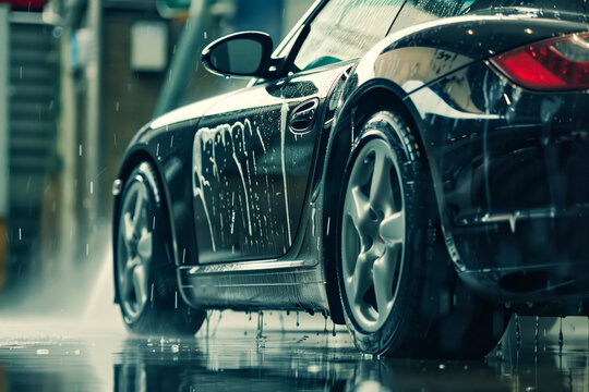 Automotive Detailer Washing Away Smart Soap and Foam with a Water High Pressure Washer.