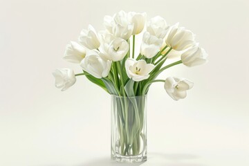 A vase full of white flowers sits on a white table. The flowers creating a sense of harmony and balance