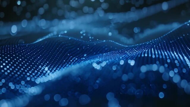 A sea of blue light dots creates a mesmerizing digital wave pattern against a dark backdrop.