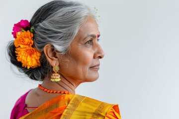 Side profile of an Indian woman in traditional saree and flowers in her hair, gazing into the distance