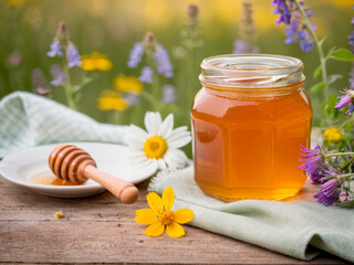 Organic golden honey in a jar in the meadow with wildflowers