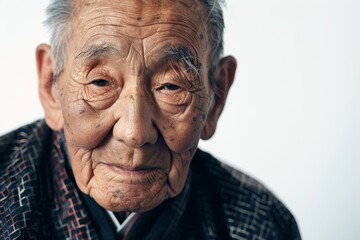 Close-up of an elderly Asian man with deep wrinkles, wise gaze, and traditional clothing Represents aging, wisdom, and cultural heritage