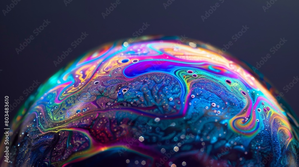 Poster macro shot capturing the detailed swirls and vibrant colors present on the surface of a soap bubble