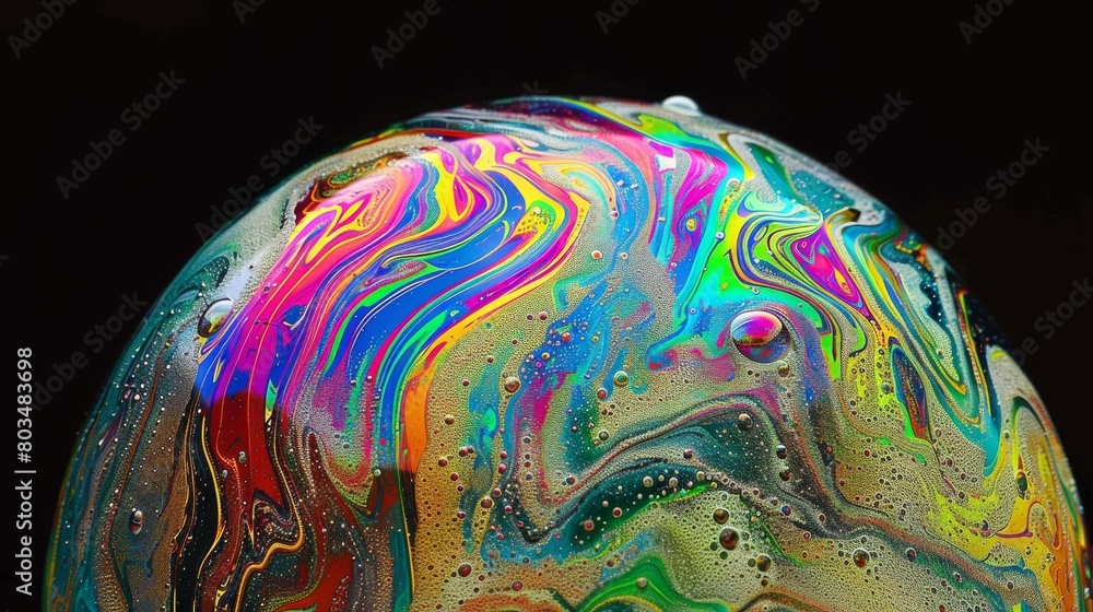 Poster Vibrant swirls of color create an abstract pattern on the surface of a bubble, reflecting light in a dark background