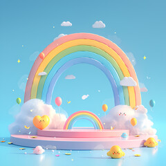 A Vibrant and Whimsical 3D Rendering of a Rainbow with Flying Balloons, Perfect for Advertising or Artistic Use