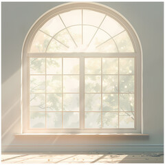 Inviting sunlit room with arched window and hardwood floor.