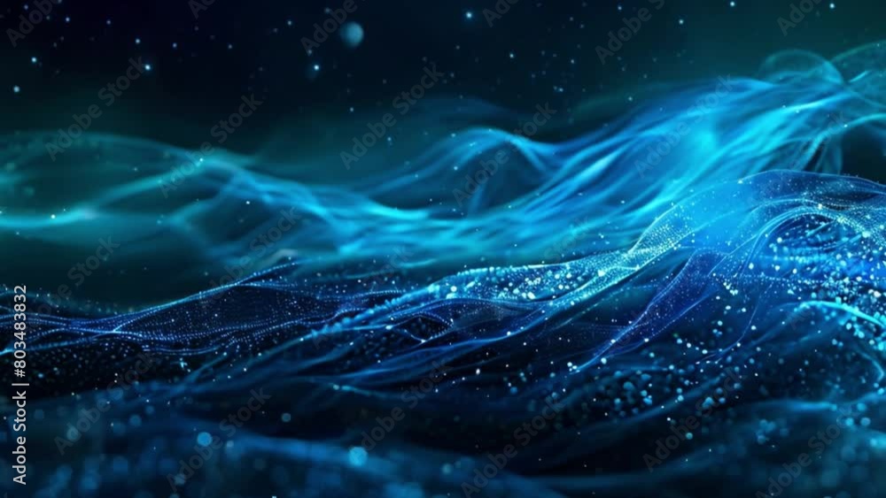 Fototapete A digital representation of smooth blue waves with particles simulating a serene scene.