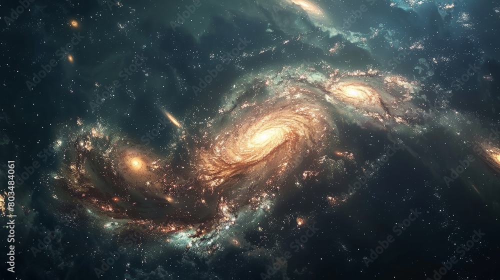 Poster a mesmerizing capture of swirling galaxies, shining with clusters of stars and cosmic lights