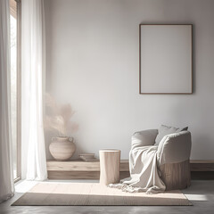 Stylish, Minimalist Living Room Interior with an Empty Frame for Personalized Art Display