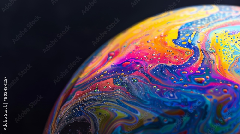 Poster Macro photography captures the vibrant and colorful patterns of a soap bubble, resembling a whimsical planet