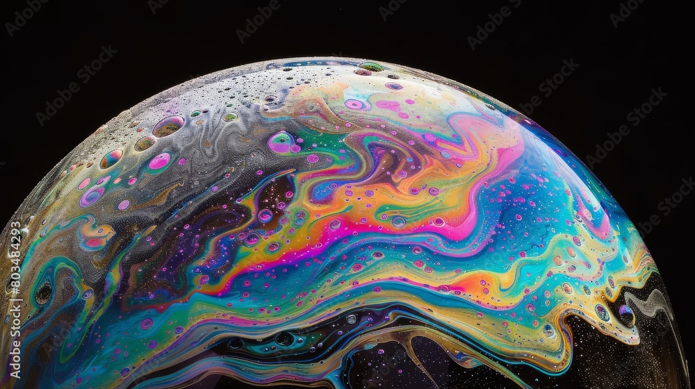 Poster A close-up view of a soap bubble displays a blend of psychedelic patterns and colors, abstract and mesmerizing