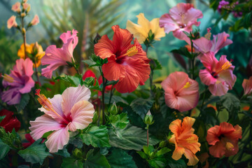 An image showcasing a vibrant garden or natural setting filled with various types of hibiscus flowers, emphasizing the diversity and tropical beauty of the species - Generative AI