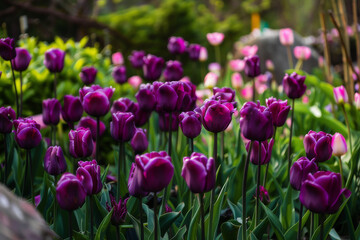 An image showcasing a vibrant garden filled with blooming purple tulips, emphasizing the lush beauty and tranquility of the setting - Generative AI