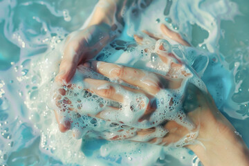 Hands delicately coated in a velvety layer of soap foam, set against a serene light blue canvas.