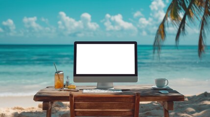 Mockup of blank modern computer monitor on beautiful beach, AI-generative