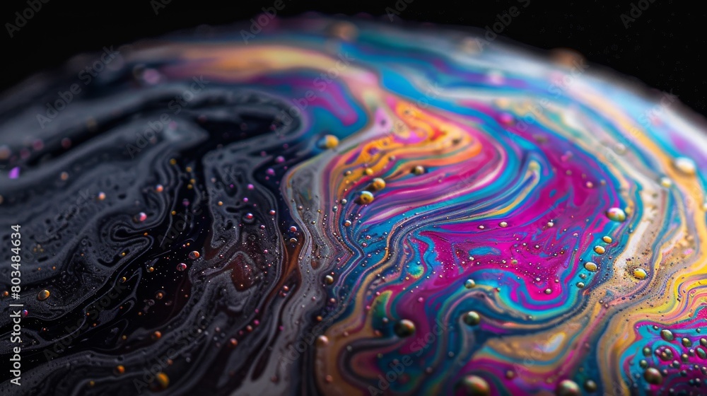 Poster Close-up shot capturing mesmerizing swirls and vibrant hues on a soap bubble, reflecting light and creating a marbling effect