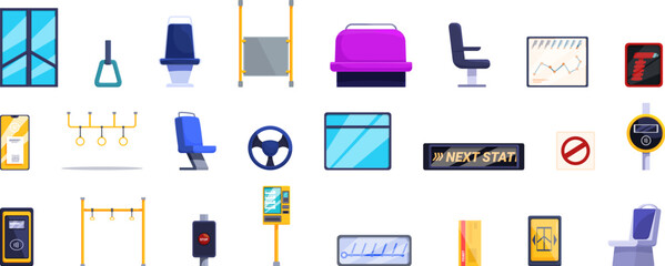Bus interior icons set cartoon vector. Public seat. Pole vehicle validator