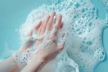 Hands delicately embraced by a cascade of soap foam, forming intricate patterns on a serene light blue background.